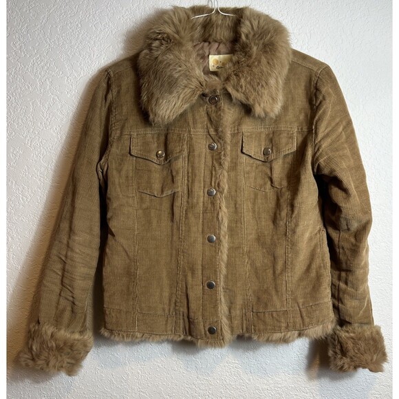Gemini Women's M Genuine Rabbit Fur Lined Brown Corduroy Snap Front Jacket 😎 - Picture 1 of 14